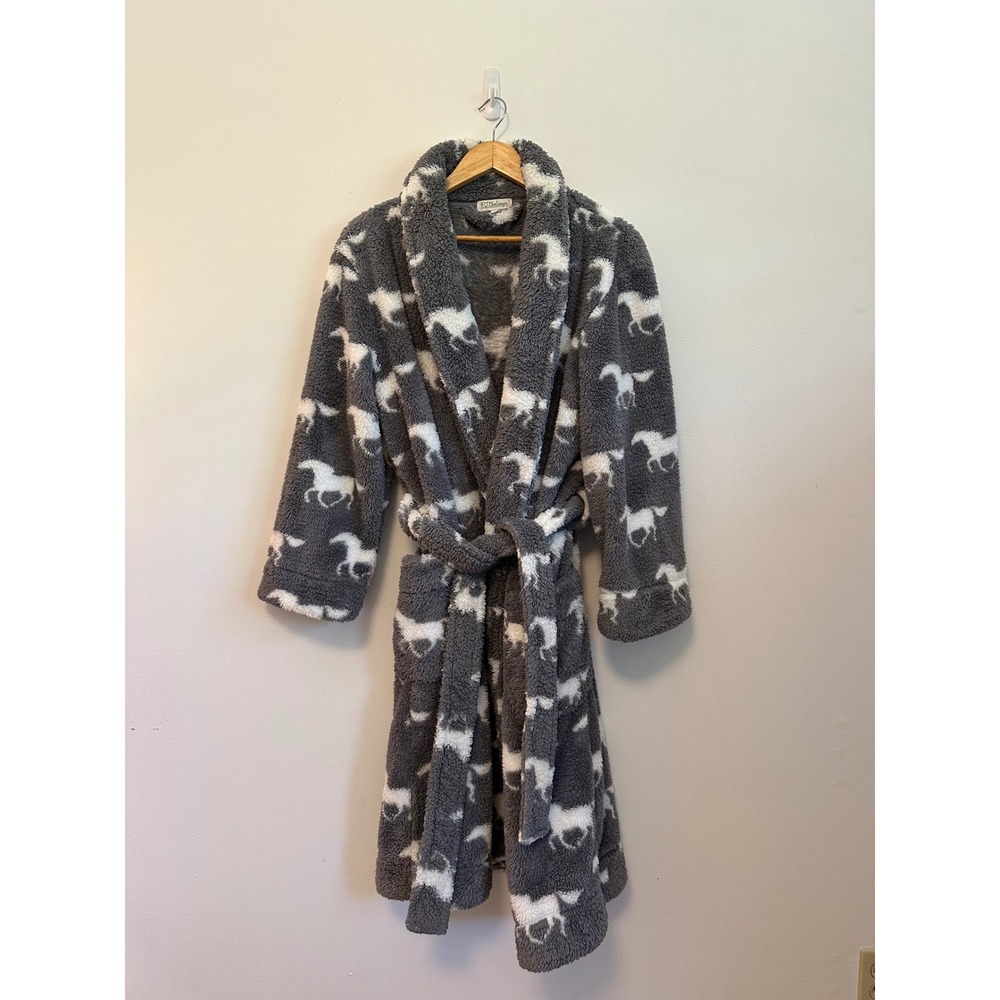 PJ Salvage Gray White Horse Print Plush Fleece Shawl Collar Robe | Size Small